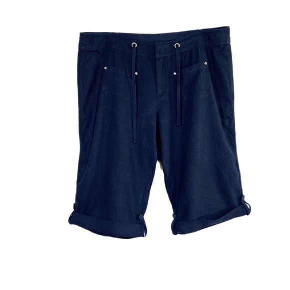 Style Me Navy Blue Linen Blend Rolled Cuff Capris - Picture 1 of 8